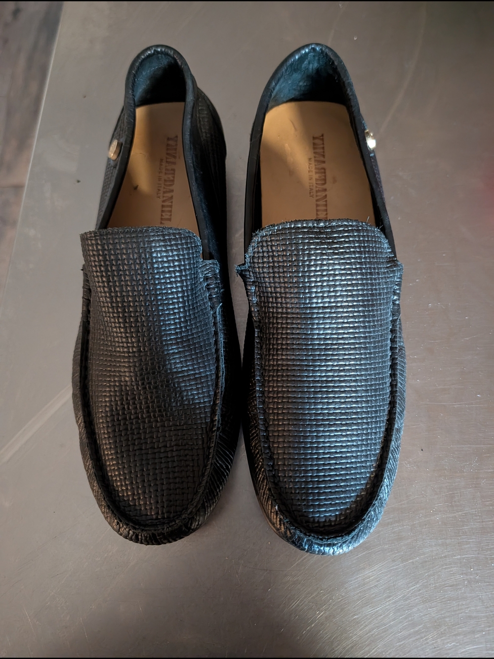 Black Textured Leather Slip-On Loafers -
